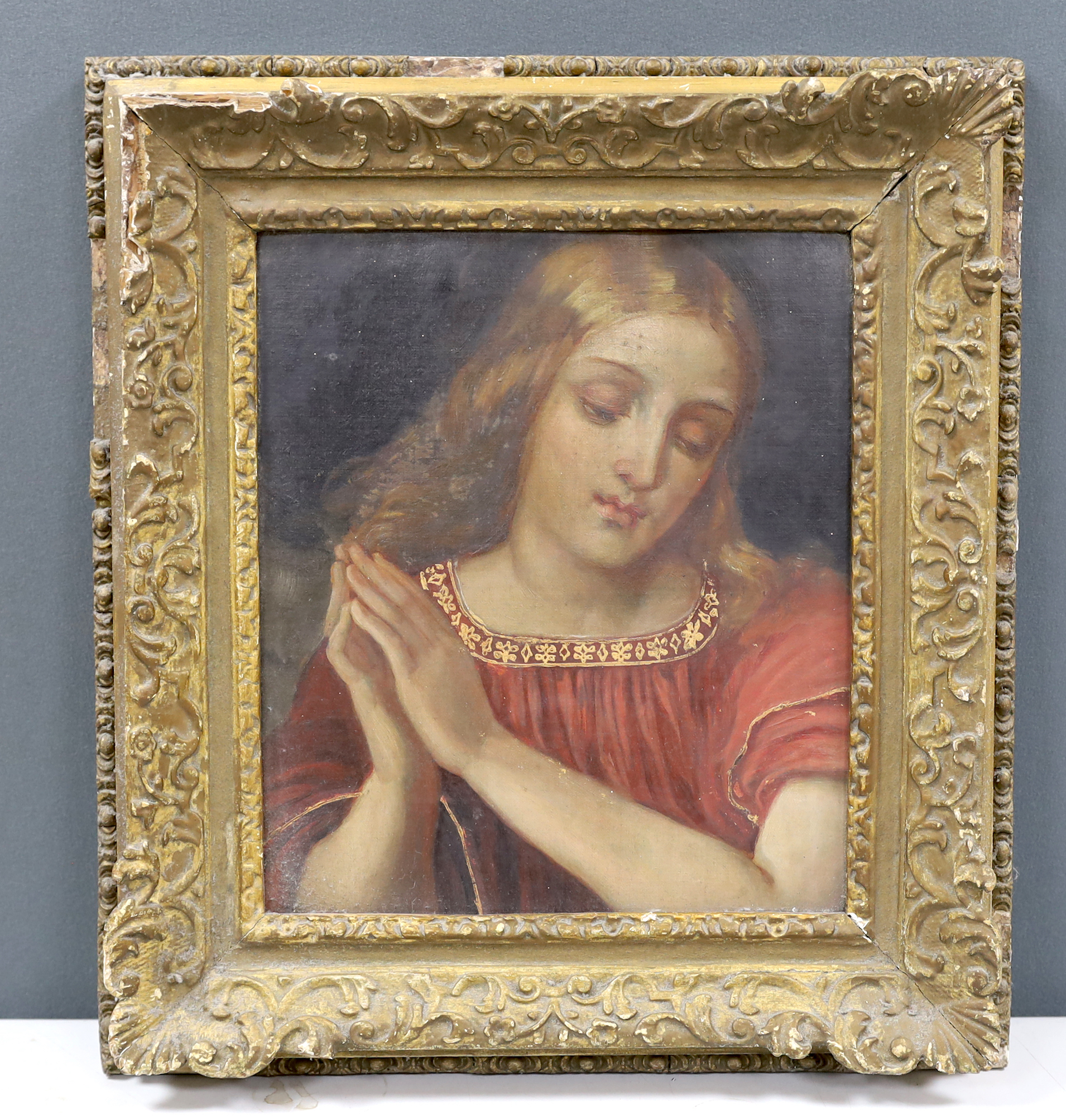 19th century Continental School, oil on board, Portrait of a lady at prayer, 34 x 29cm